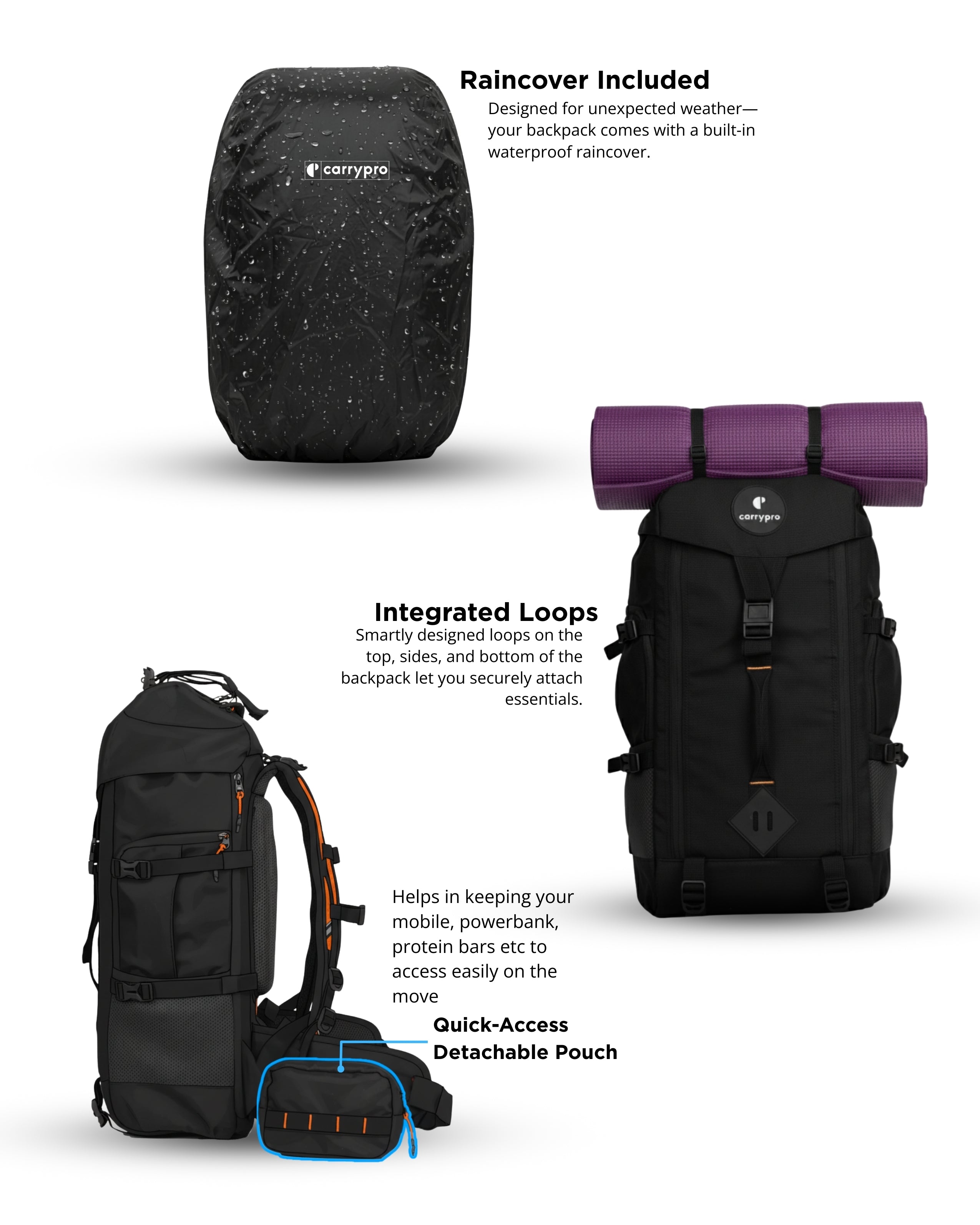 CarryPro HOBO40 V2.0 40L Functional Travel Backpack 3 Features raincover, loops, pouch rust orange #color_Rust Orange