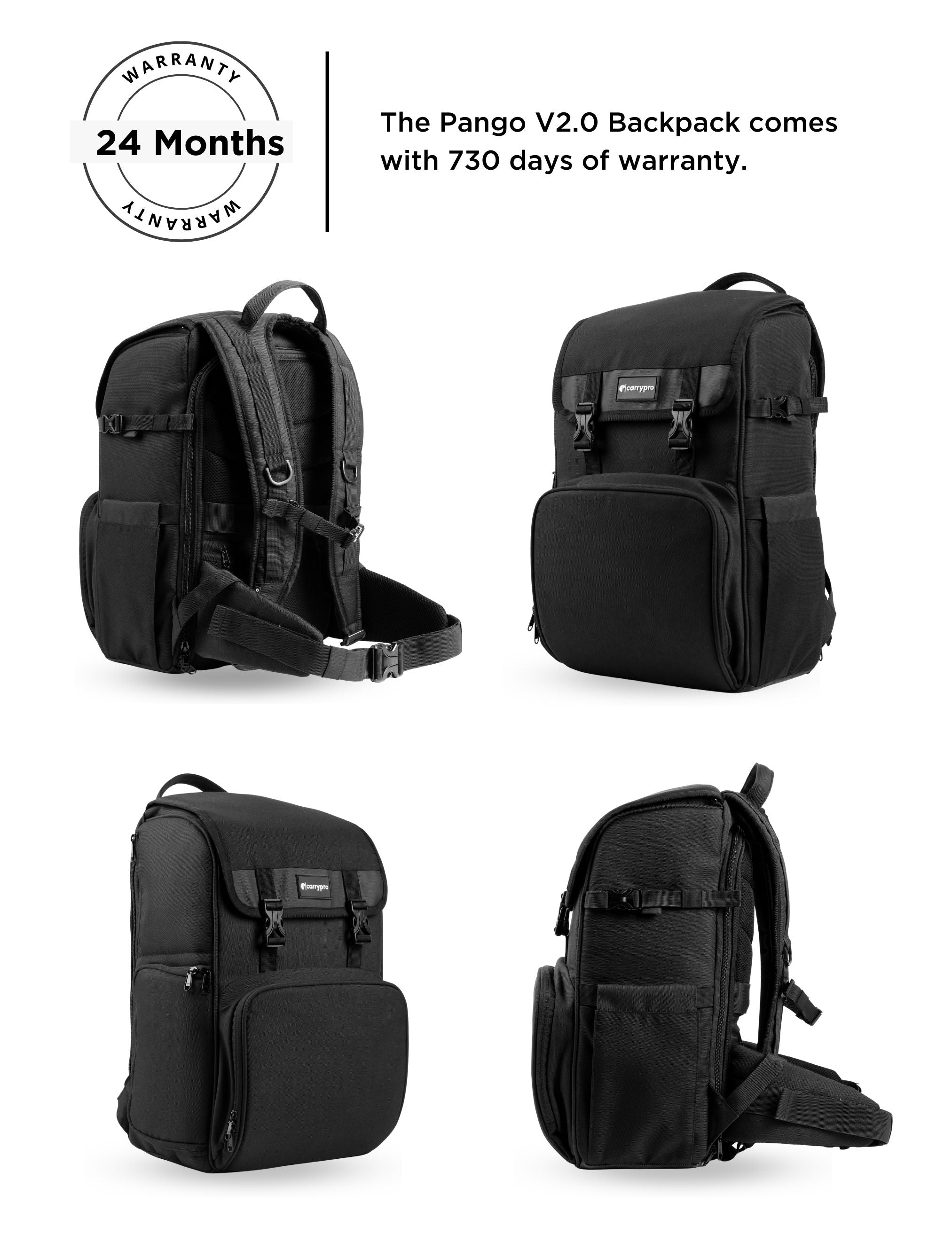 Carrypro Pango V2.0 Backpack Front View perfect for camera ready gear Interior Compartments 360 Degree View #color_Black