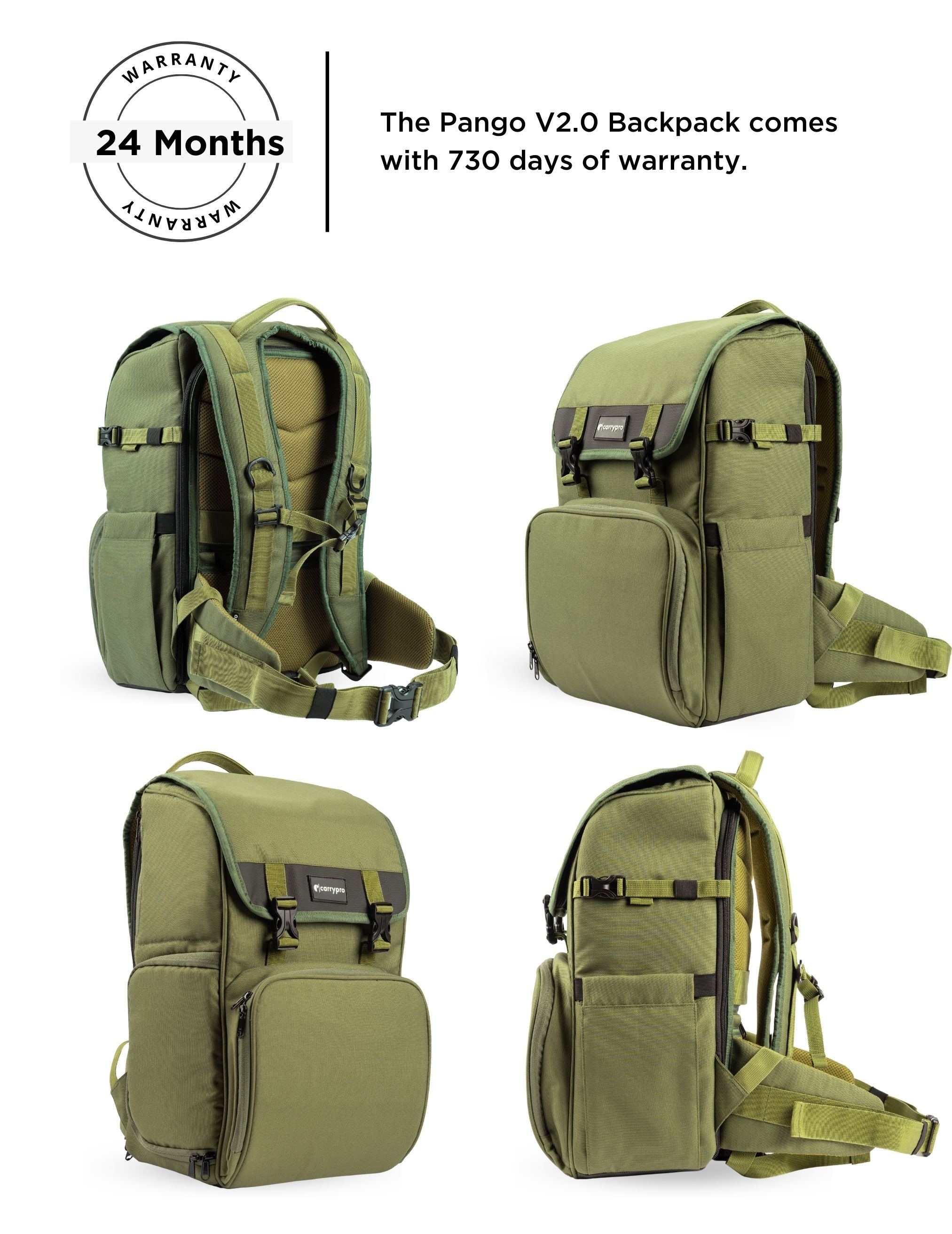 Carrypro Pango V2.0 Backpack Front View perfect for camera ready gear Interior Compartments 360 Degree View #color_Olive Green