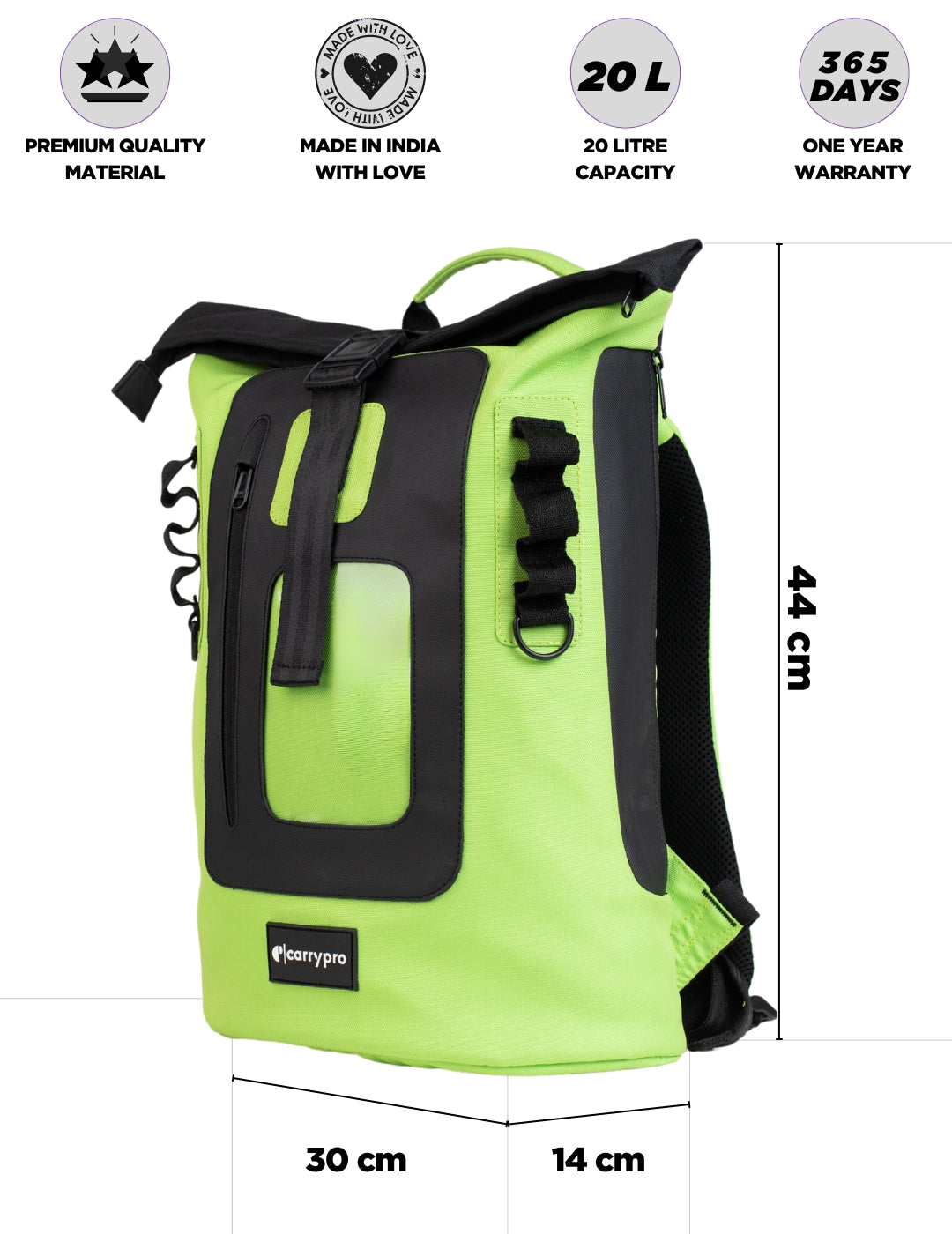 CarryPro roll-top backpack multi-color lineup product overview
#color_neon green