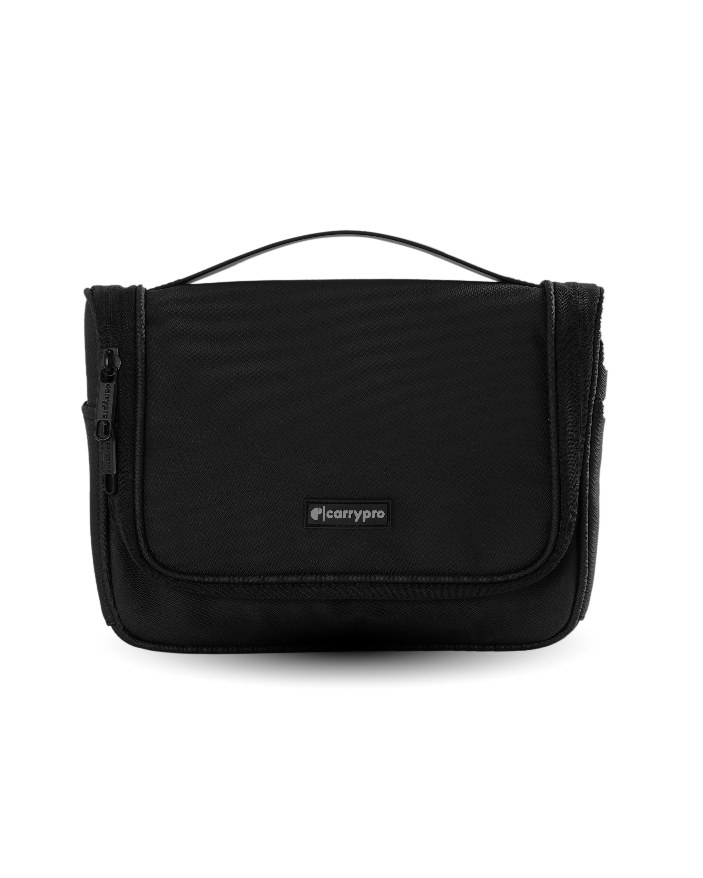 Black toiletry bag with 'carrypro' branding on a white background
