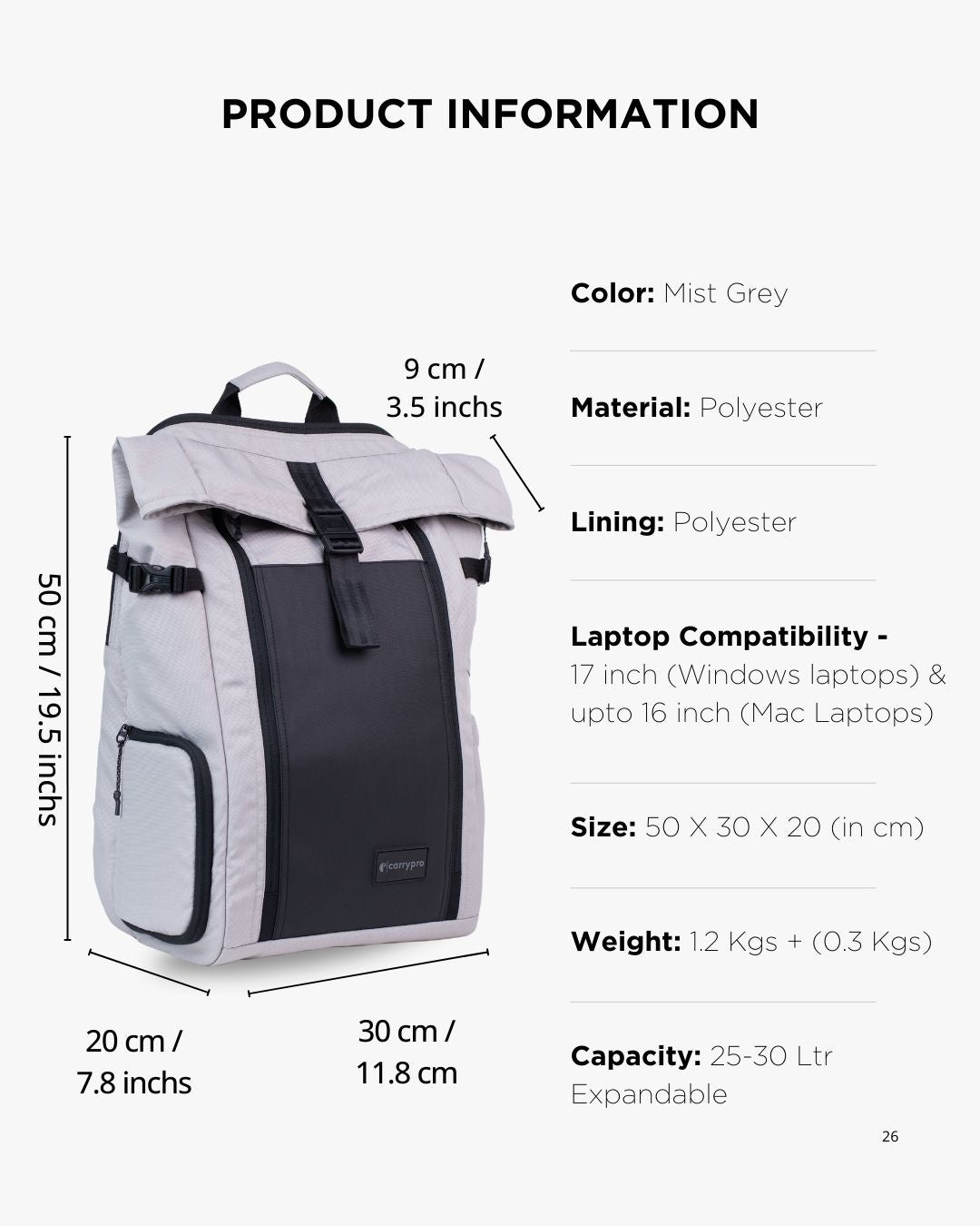HOBO25 V3.0 Everyday Utility Rolltop Backpack(New) #color_Mist Grey
