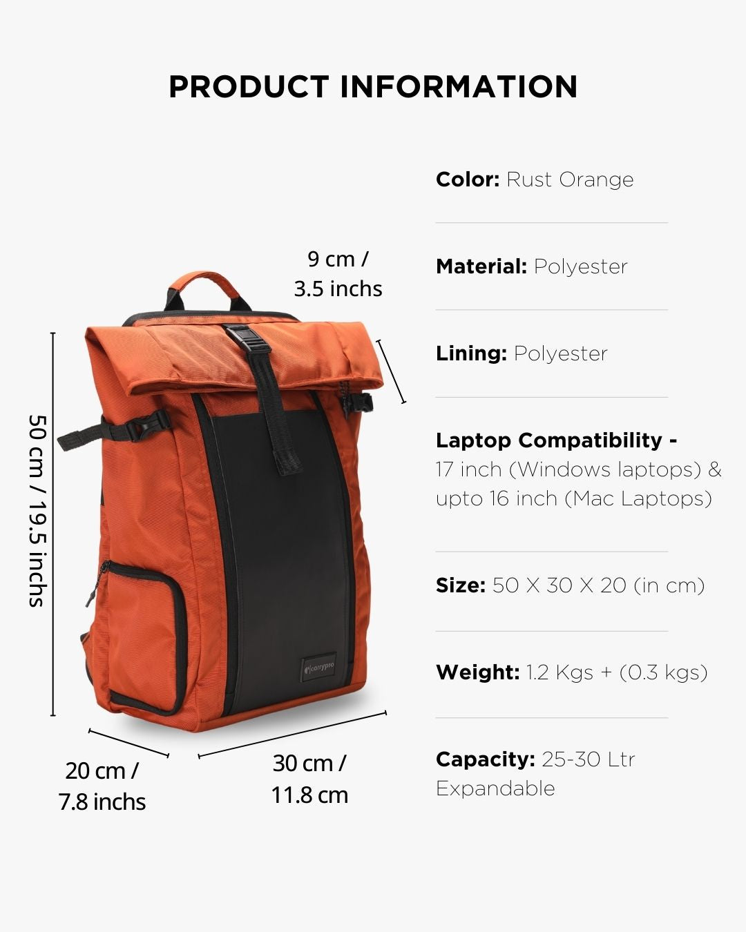 HOBO25 V3.0 Everyday Utility Rolltop Backpack(New) Feature #color_Rust Orange