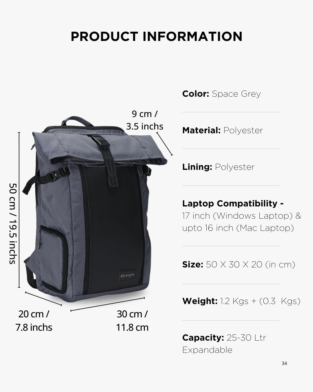 HOBO25 V3.0 Everyday Utility Rolltop Backpack(New) Features #color_Space Grey