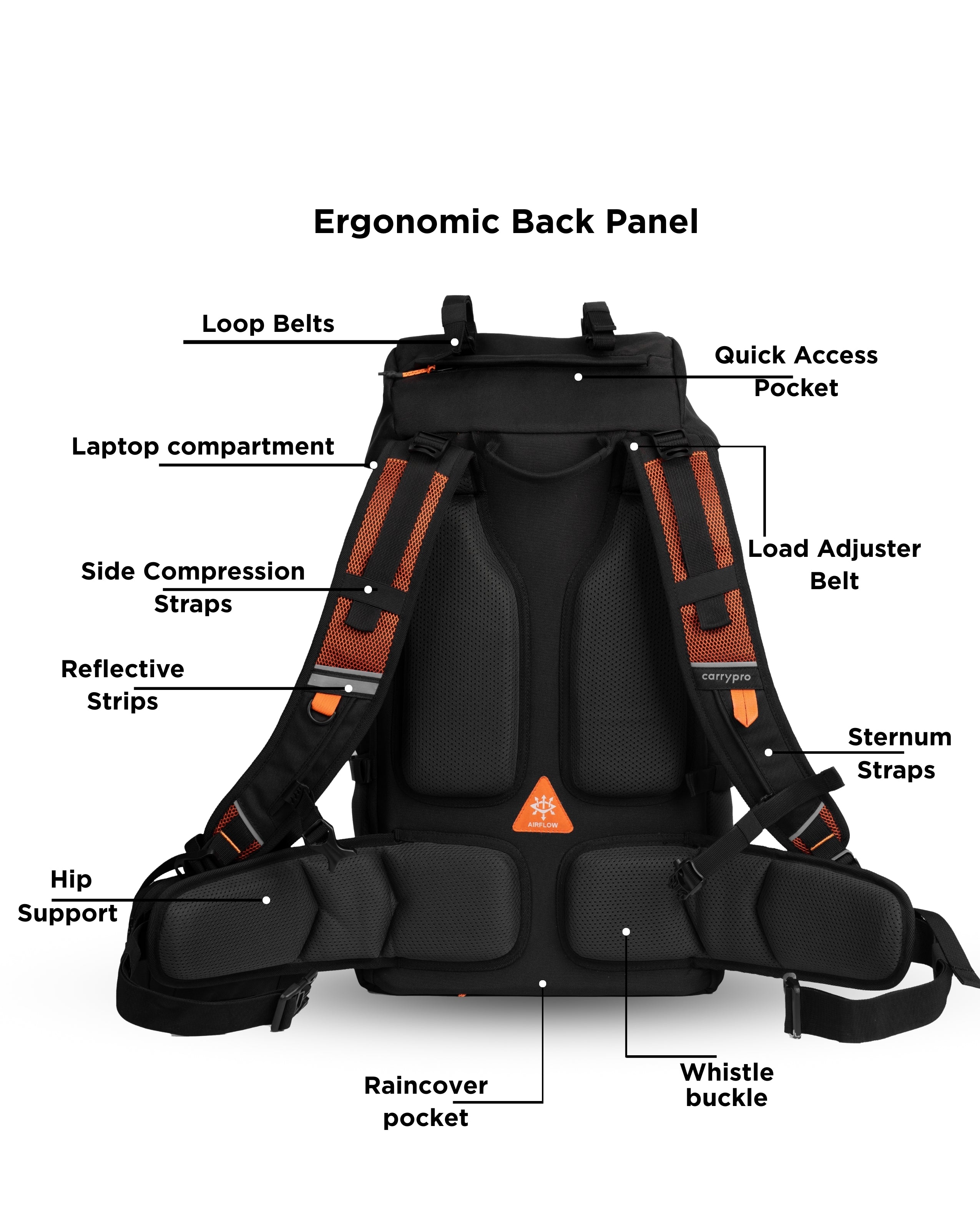 CarryPro HOBO40 V2.0 40L Functional Travel Backpack Front Features   #color_Black