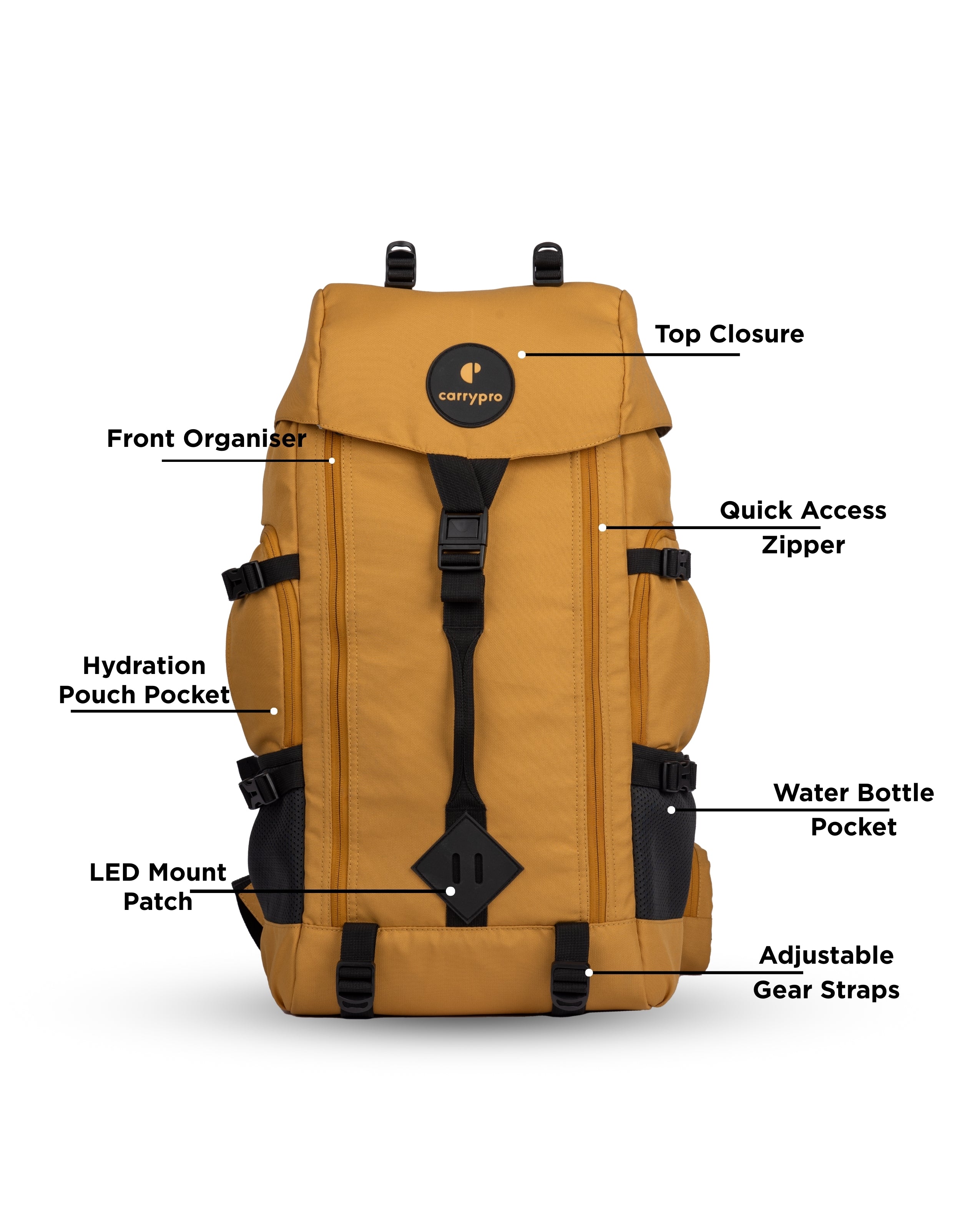 HOBO40 V2.0 carrypro backpack front 40 litres backpack trekking and traveling Features Measurements Front View #color_Golden Glow