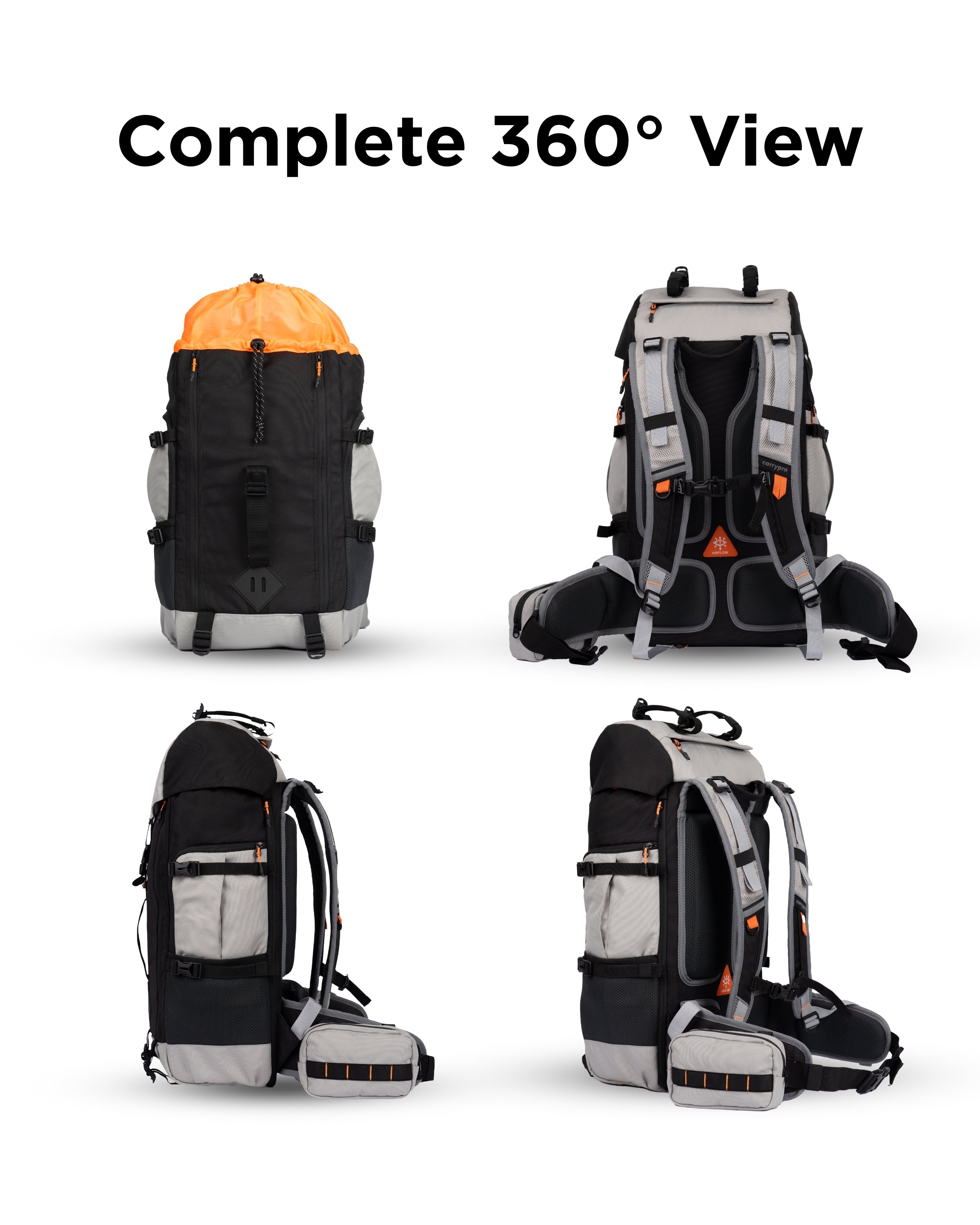 CarryPro HOBO40 V2.0 40L Functional Travel Backpack  360 degree view of rust orange backpack- #color_Grey Black
