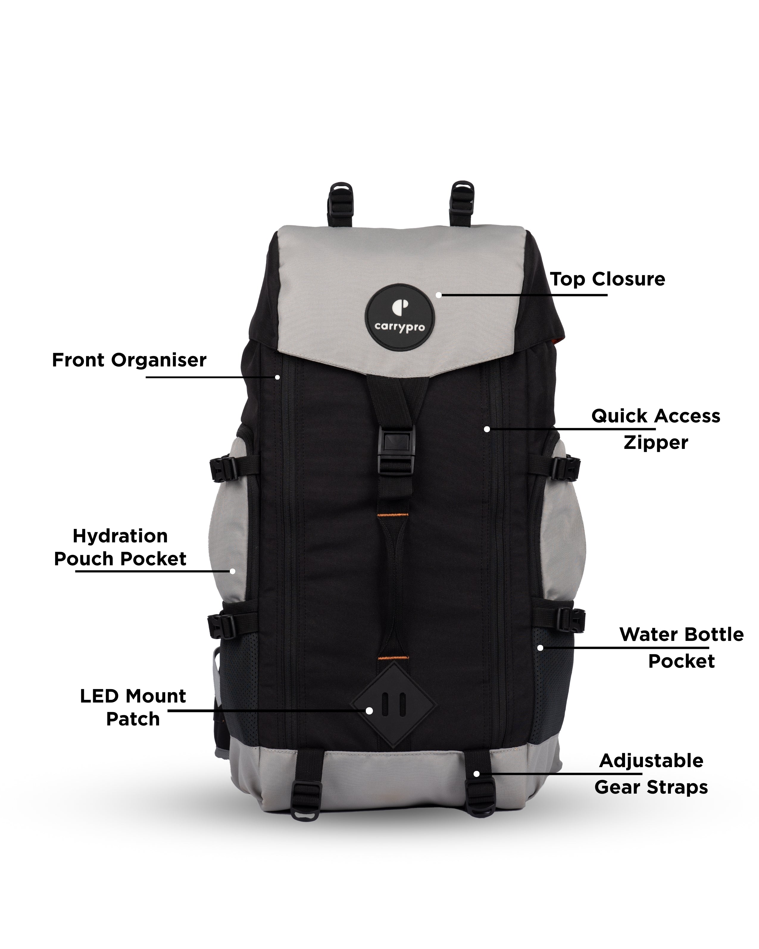 CarryPro HOBO40 V2.0 40L Functional Travel Backpack Front Features   #color_Grey Black