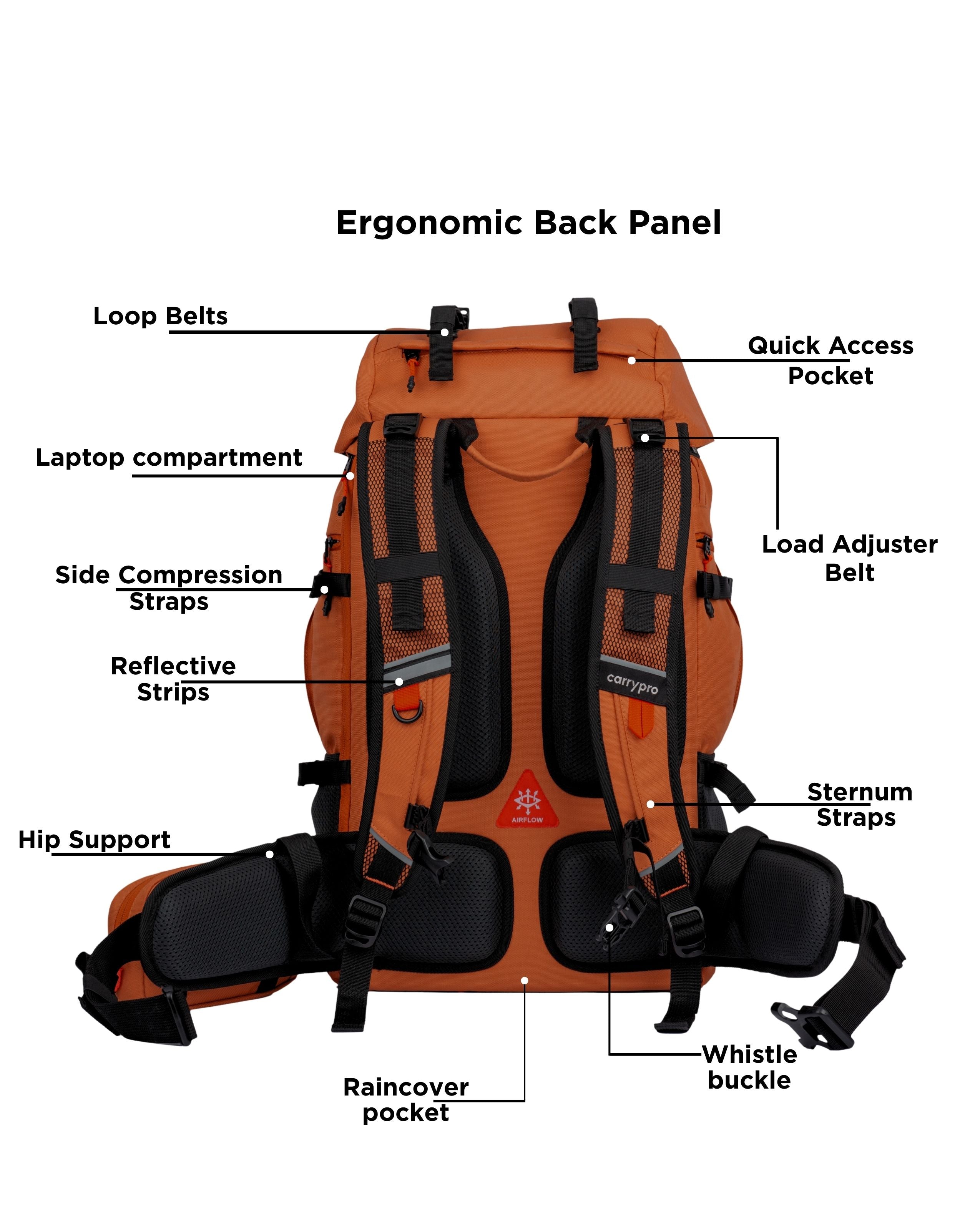 CarryPro HOBO40 V2.0 40L Functional Travel Backpack  Back Features Rust Orange #color_Rust Orange