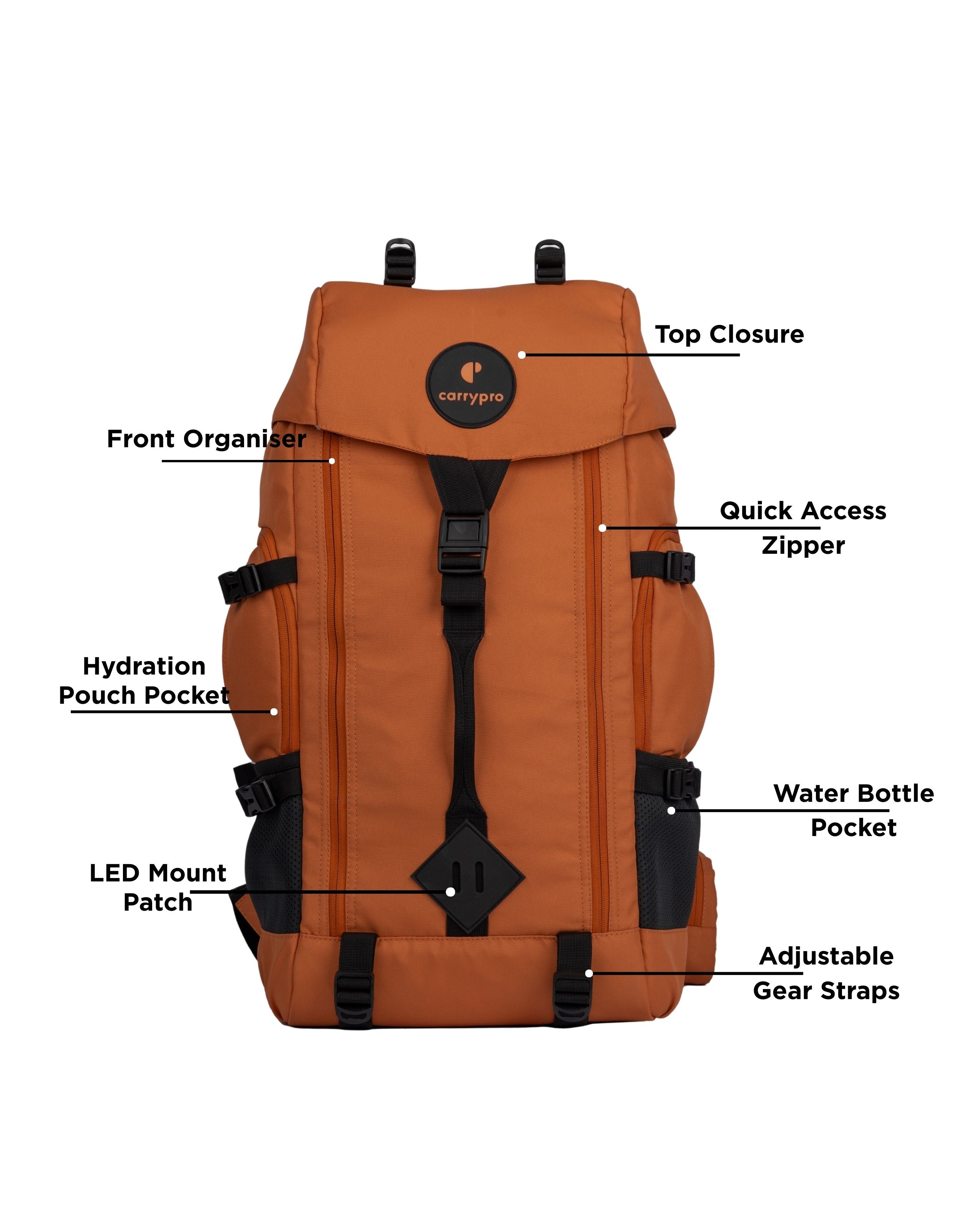 CarryPro HOBO40 V2.0 40L Functional Travel Backpack Front Features   #color_Rust Orange