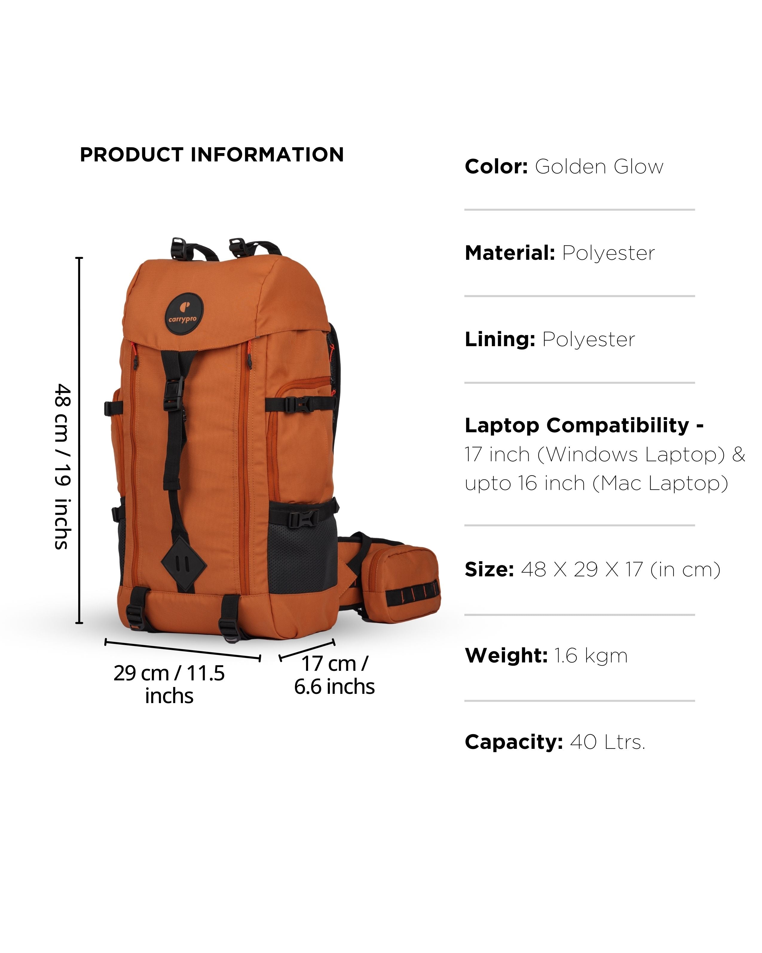CarryPro HOBO40 V2.0 40L Functional Travel Backpack Features Measuremnets  #color_Rust Orange